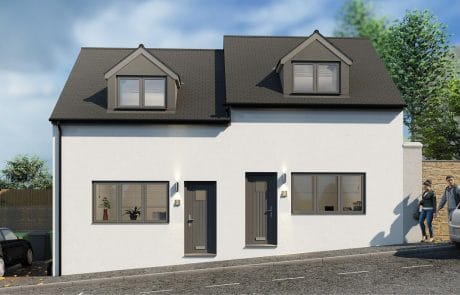 CGI render of 2 & 4 Genyn Rd View building project. Showing two individuals walking near the build.