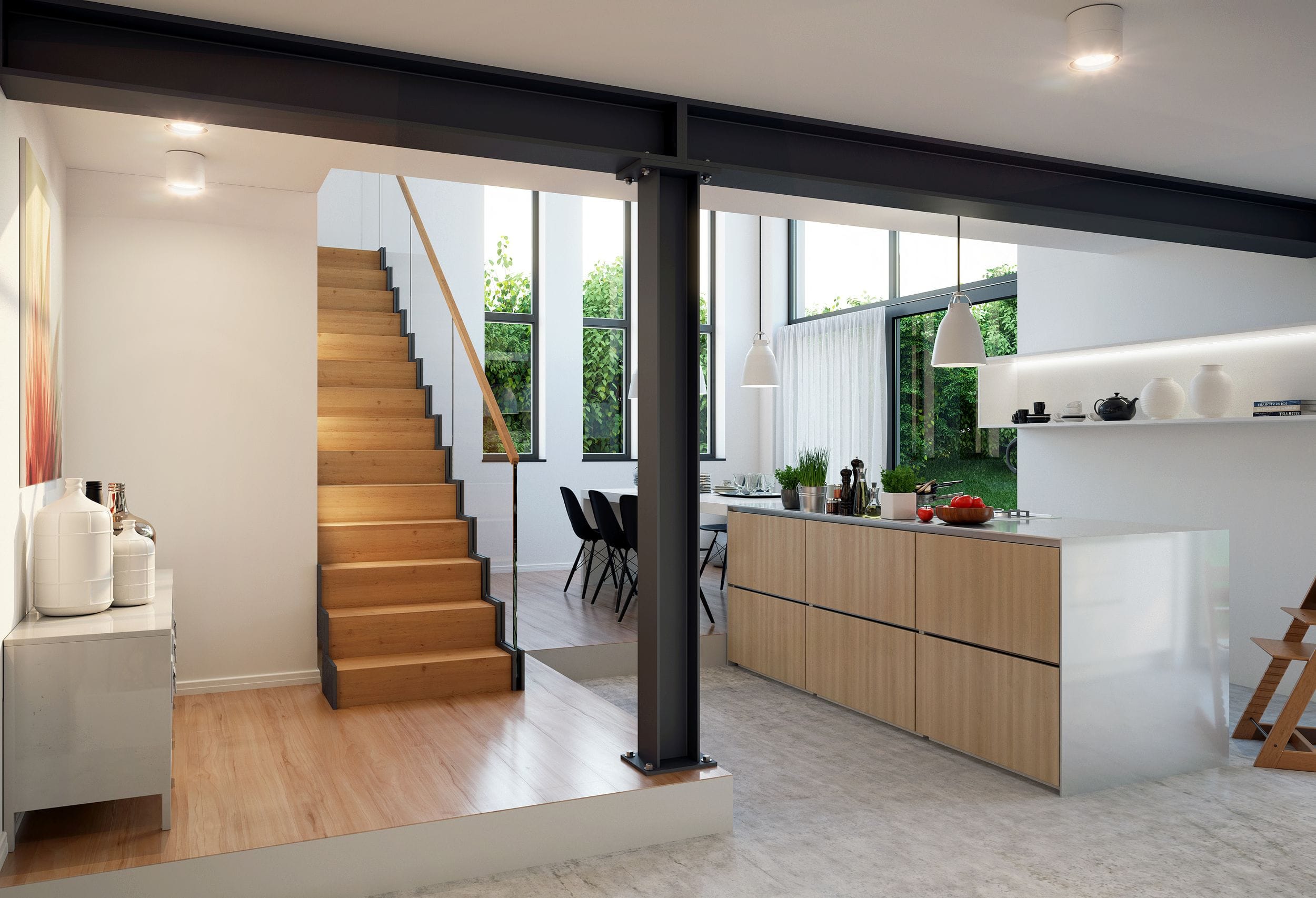 Interior of open-plan living area with staircase and seating